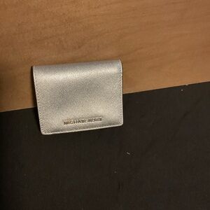Michael Kors Metallic Silver Saffiano Card Case with Gold Logo